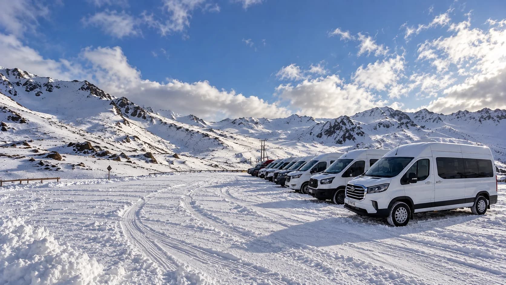 Vans blancas estacionadas en fila sobre un camino nevado, con montañas cubiertas de nieve y un cielo con nubes al fondo